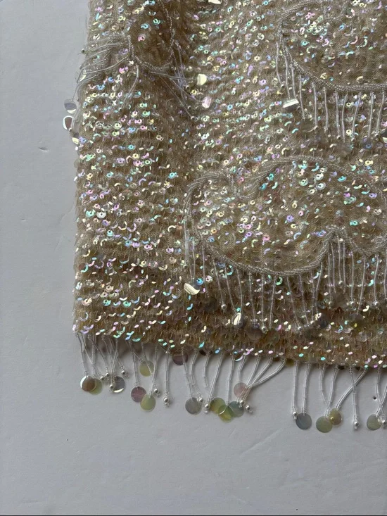 Vintage 60’s Beaded Sequins Cream Pastel Large Wool Embellished Bridal 50’ Large - Picture 13 of 17